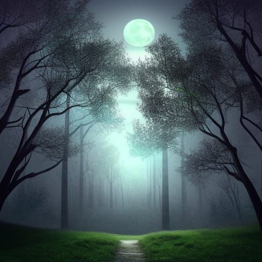 Epic Full Moon Through Trees Digital Painting