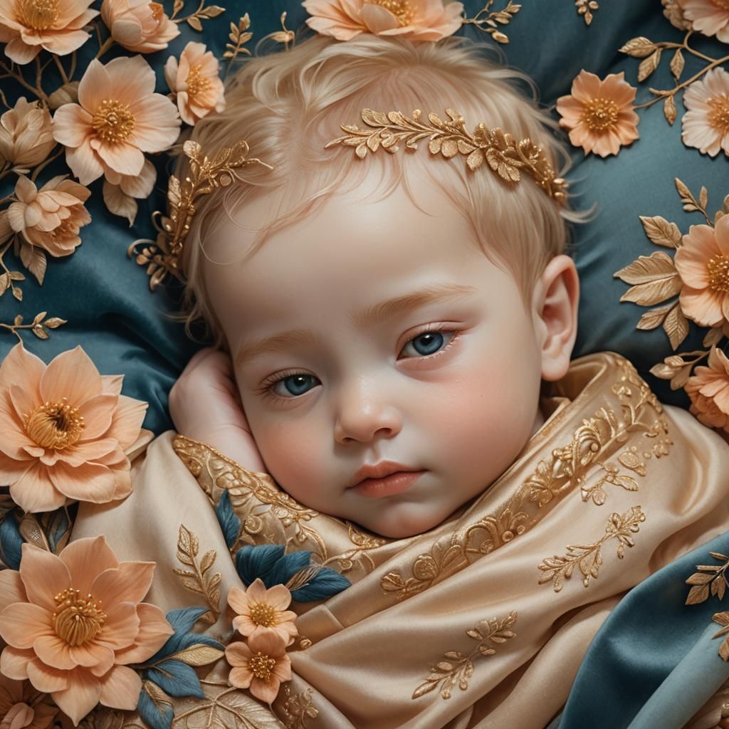 Fantasy Baby Portrait with Velvet and Flowers