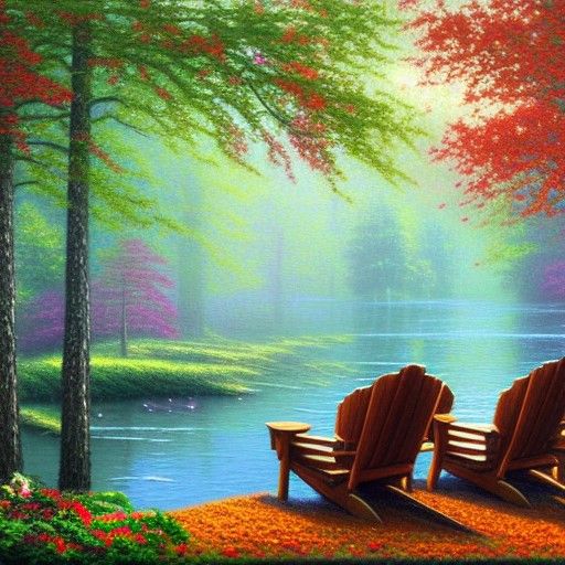 Autumn Reflection: Adirondack Chairs in Ethereal Mist