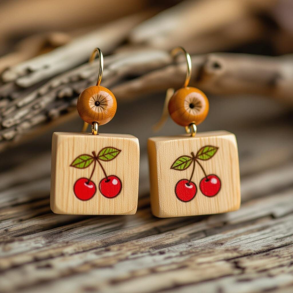 Wooden Cherry Earrings in Folk-Art Style