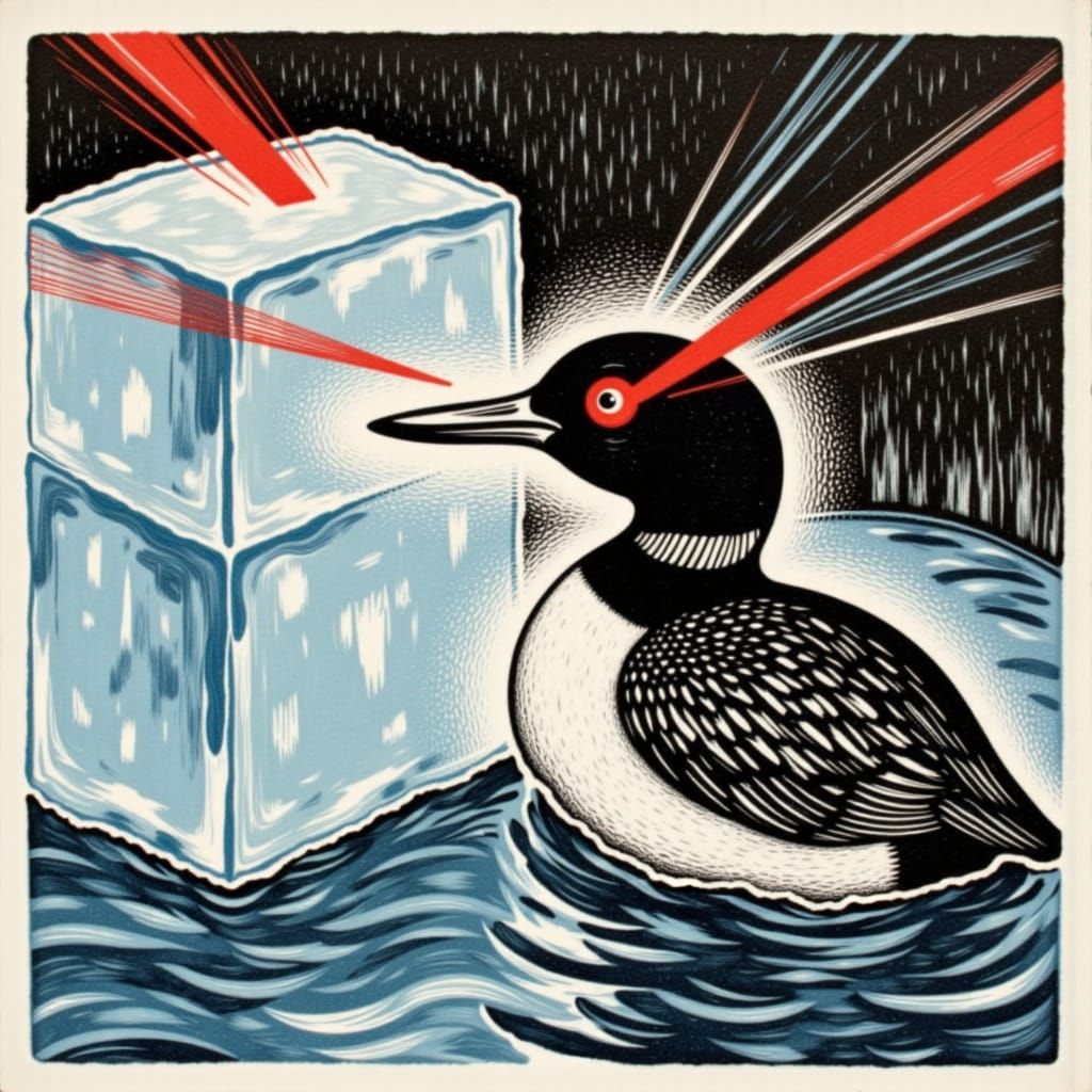 <lora:inspired:1.0> <lora:Lin-Op Cut:1.0> imagine a loon with  eyes melting a block of ice