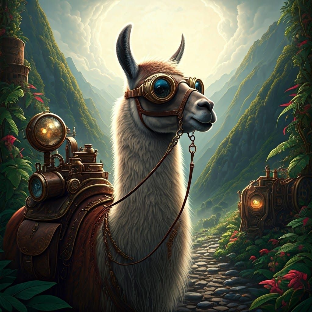 Steampunk Llama in the Andes Mountains