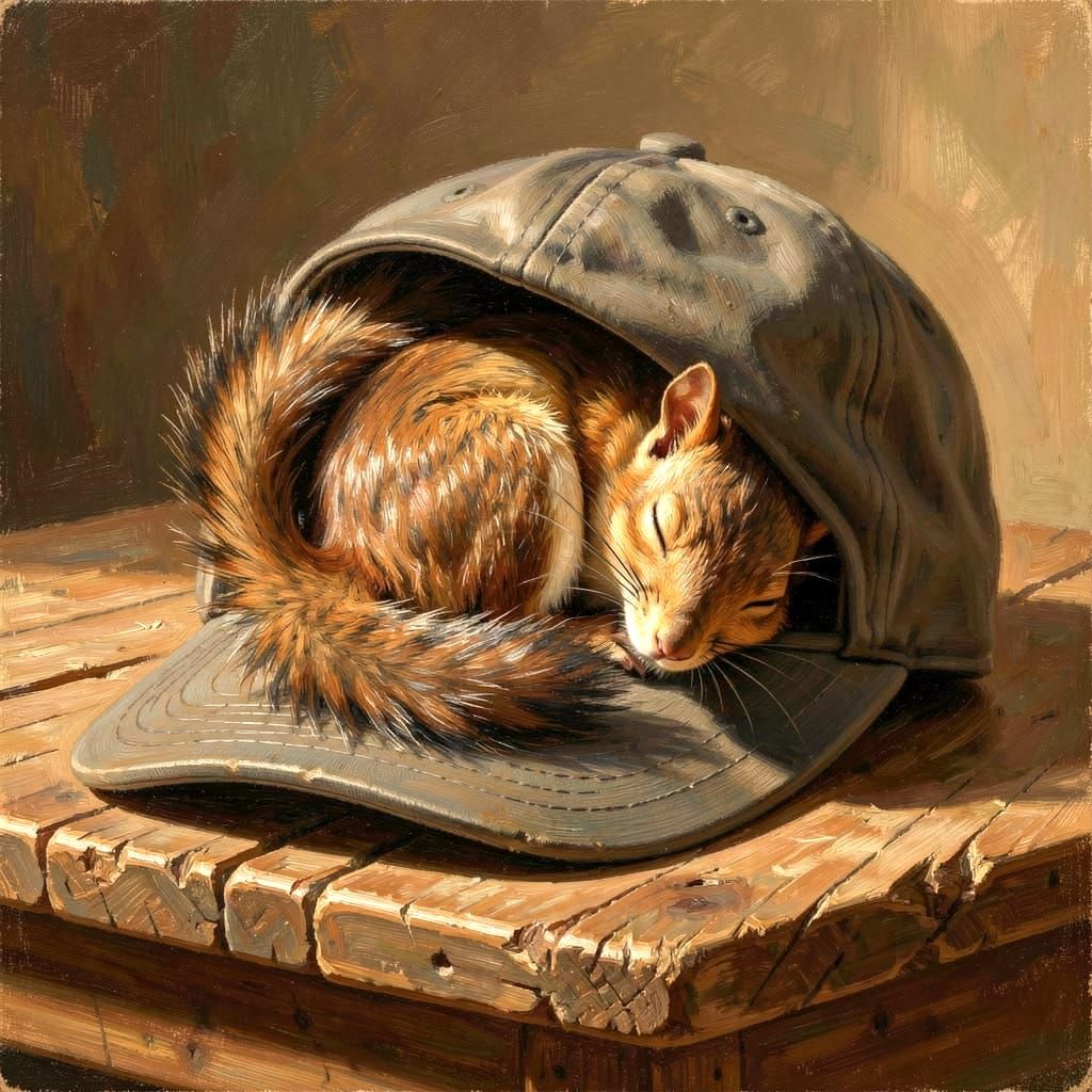 Sleeping Squirrel in Baseball Cap on Wooden Table