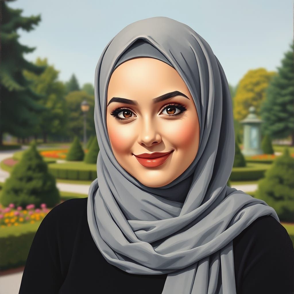 Minimalist Oil Painting of a Hijabi Woman in Garden