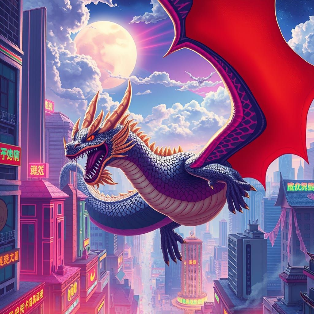Dragon Soaring Through 2000s Superhero Cityscape