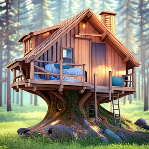 small wood cabin,  snail organics form, fantasy tree house, cute hut in the branches,Tree house in the spruce woods Prof...