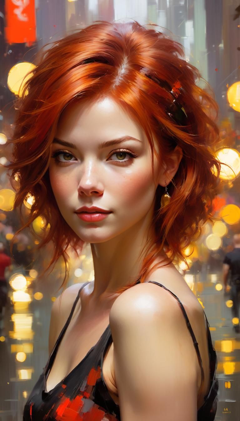 Red-Haired Beauty in Oil Painting with Bokeh