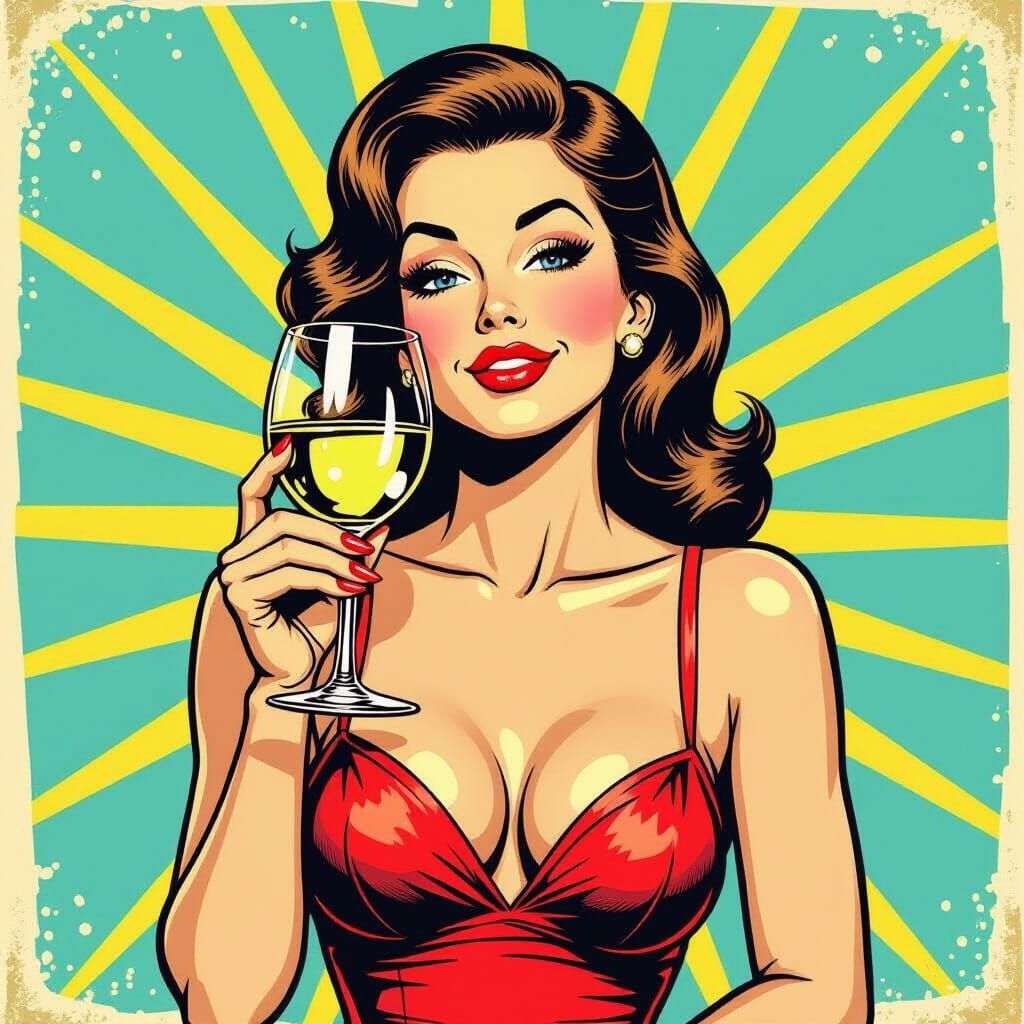 Funny Pin-Up Girl with Wine Glass, Vintage Comic Style