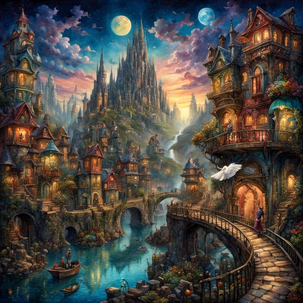 <lora:FairyTails:1.0> The Eye OF Metropolis, beautiful, pointillism, oil pastel, Angel Botello, Masterpiece, Dan Mumford