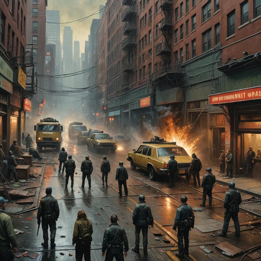 Dystopian Cyberpunk Action Masterpiece with Crosshatch Techn...