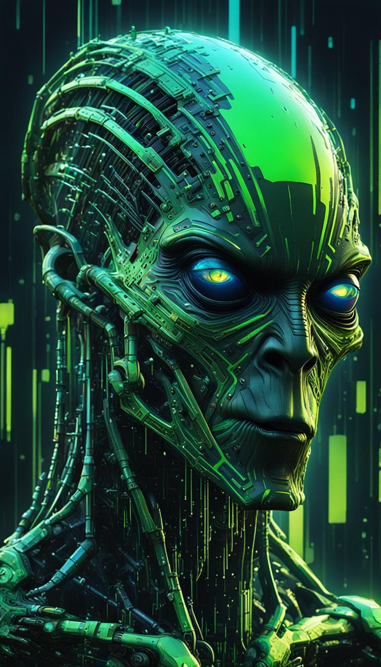 Glitched Black Alien in Green Matrix: Digital Art