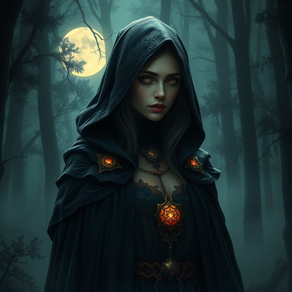 Mystical Sorceress in Moonlit Forest Glade