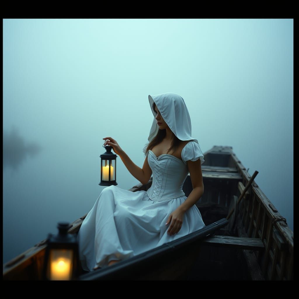 Ethereal Woman in Foggy Lake Scene, Cinematic Film Still