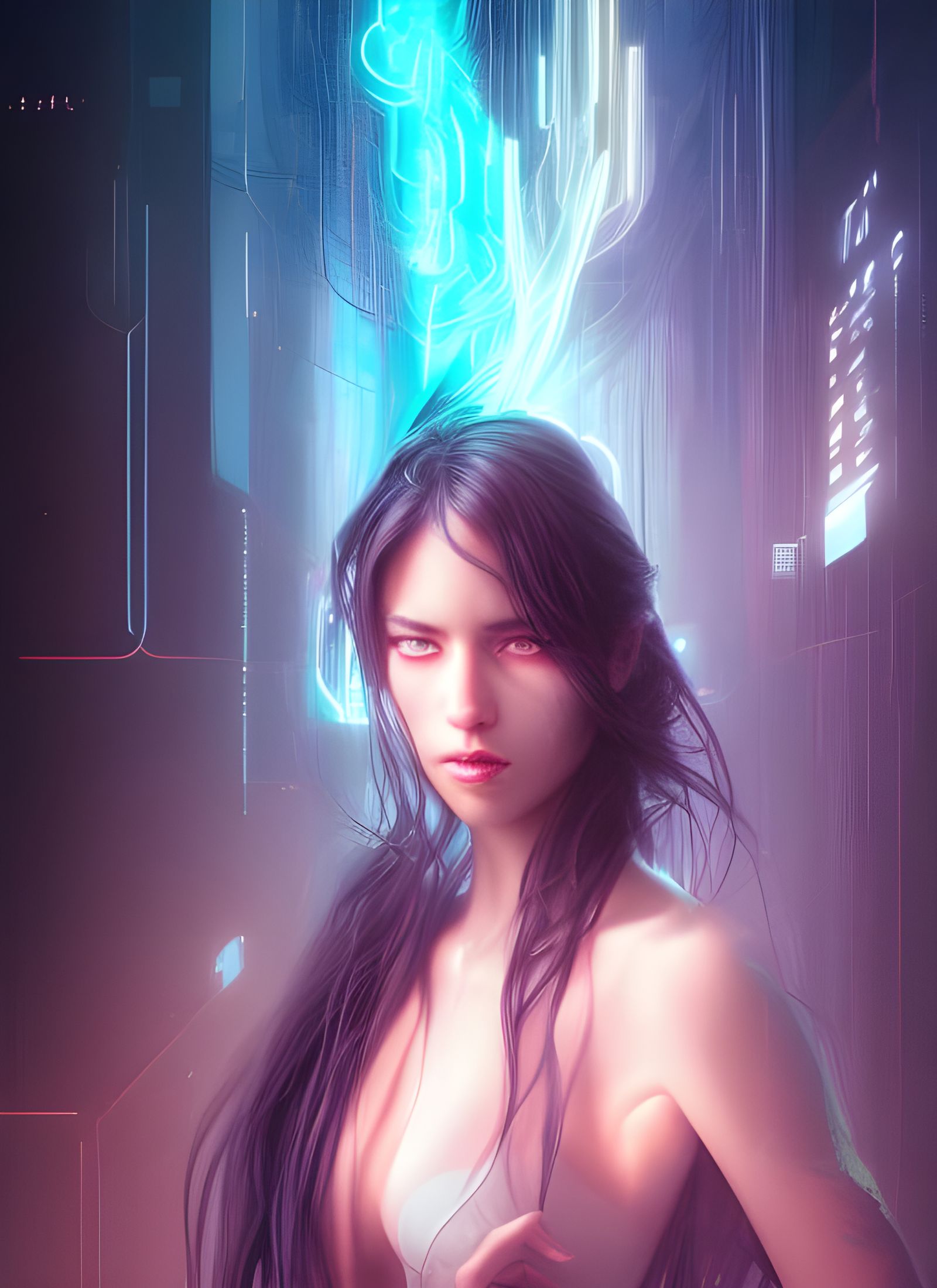 Cyberpunk Goddess with Neon Hair, Digital Art