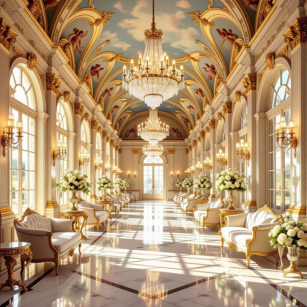 Endless Palace Hall with Golden Domes and Cherub Motifs