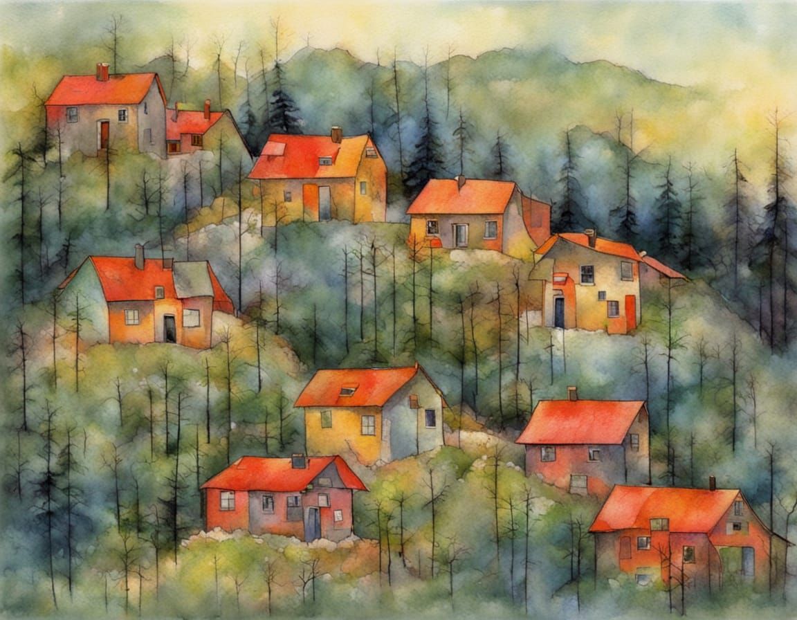 Serene Mountain Village in Vibrant Hues