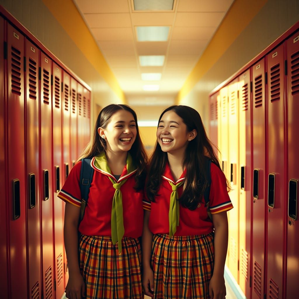 Two Teenage Girls Share Joyful Moment in Sunlit School Hallw...