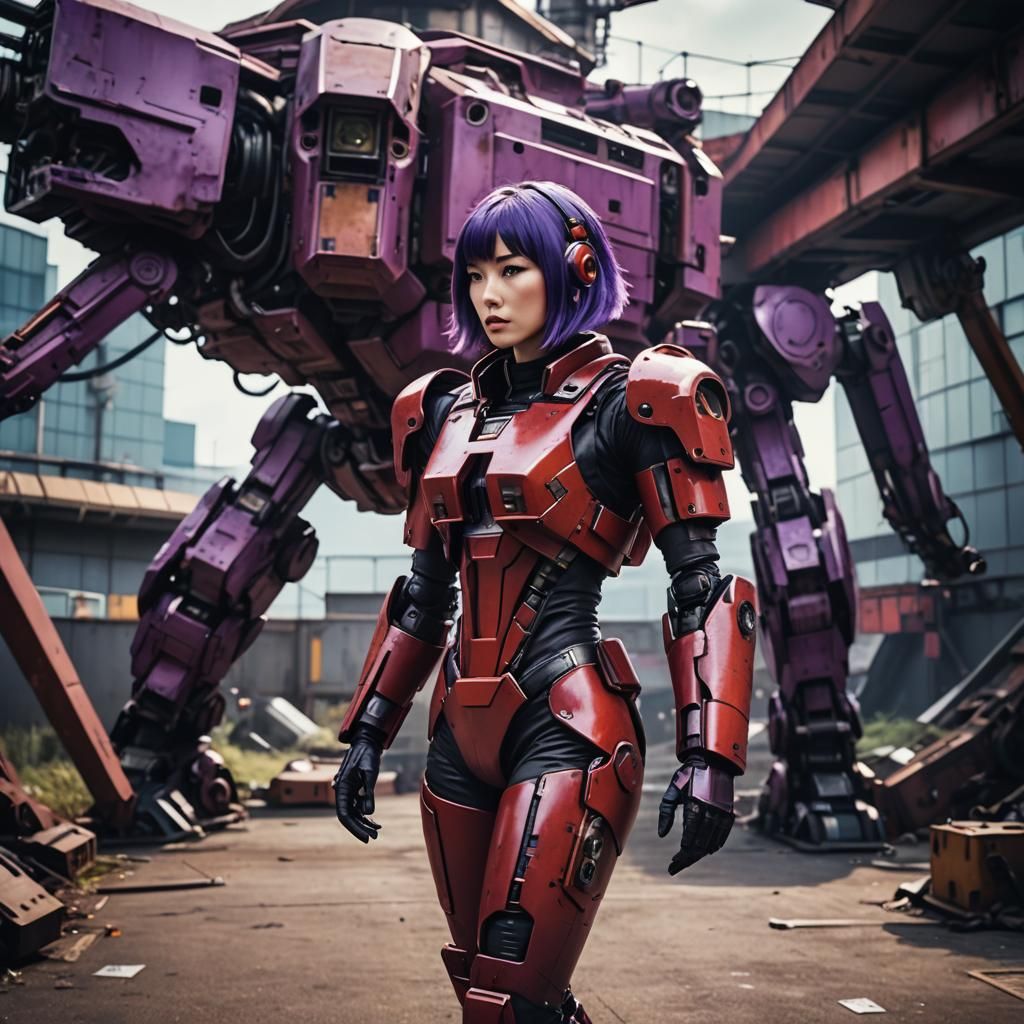 Mech Pilot in Red Suit With Purple Hair