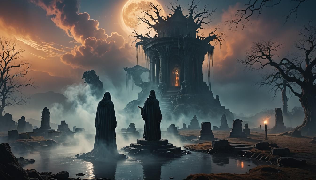 Ghostly Figure Blocking Well, Dark Fantasy Matte Painting