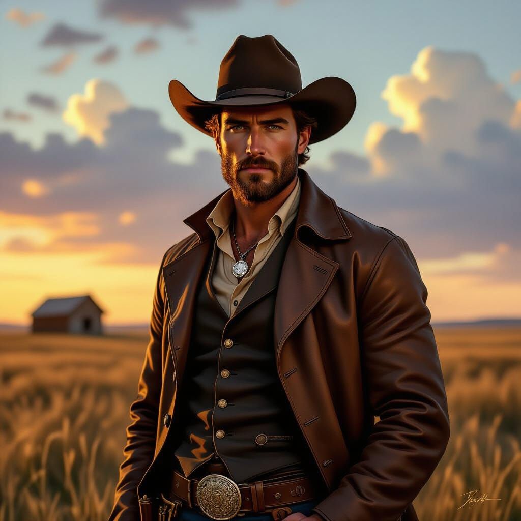 Pre-Raphaelite Cowboy Portrait in Texas Dusk