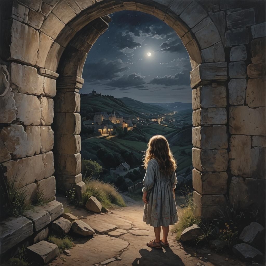 Child Glimpses Light Through Hillside Archway