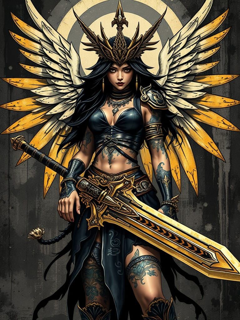 A towering celestial warrior female with a huge cosmic broad...