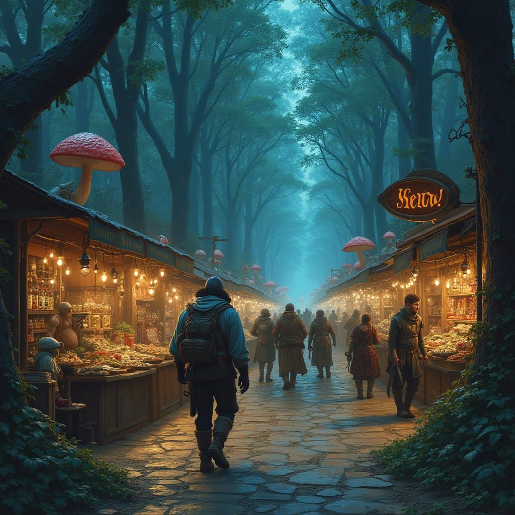 Adventurer Explores a Whimsical Night Market Amidst Towering...