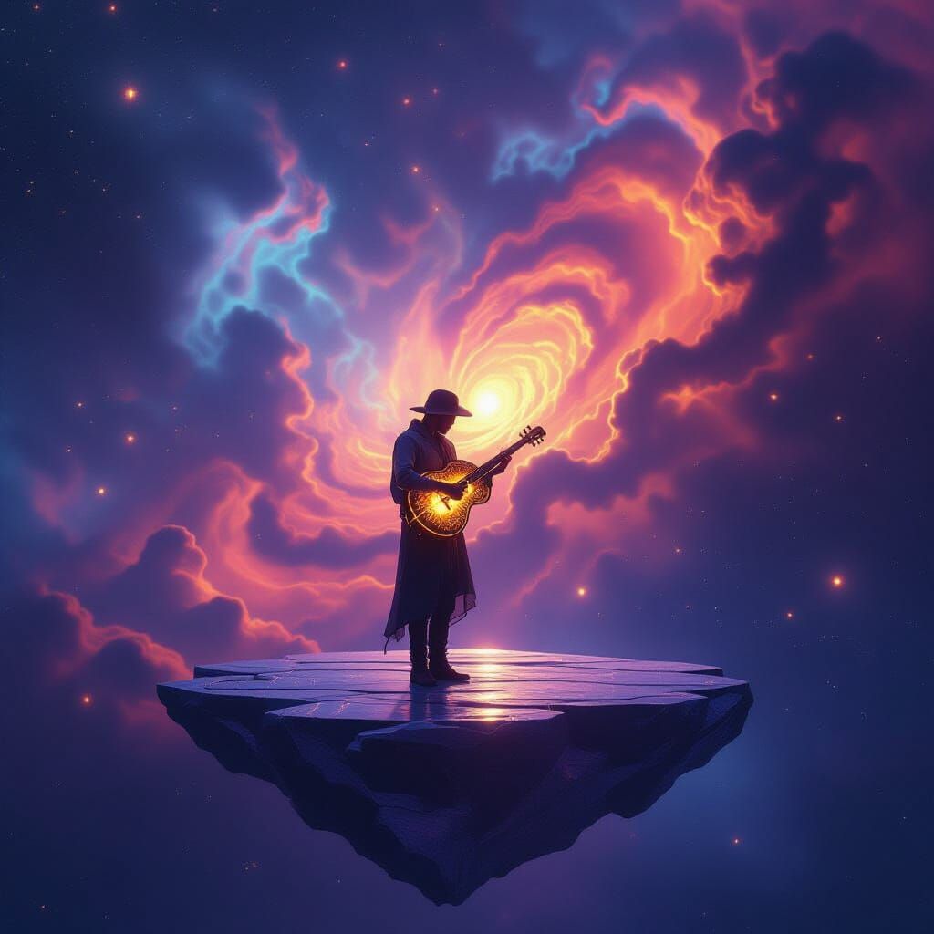 Musician Plays Glowing Instrument in Cosmic Nebula