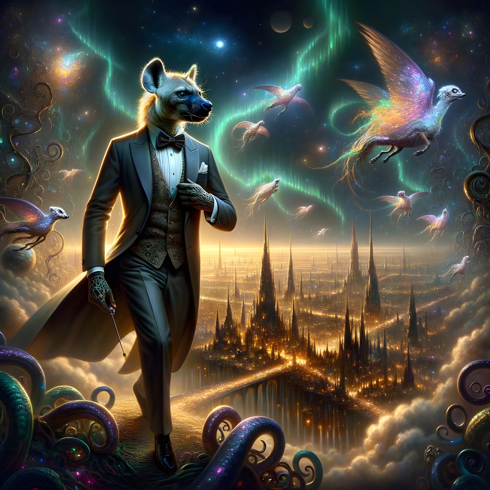 Hyena in Tuxedo Exploring Floating City