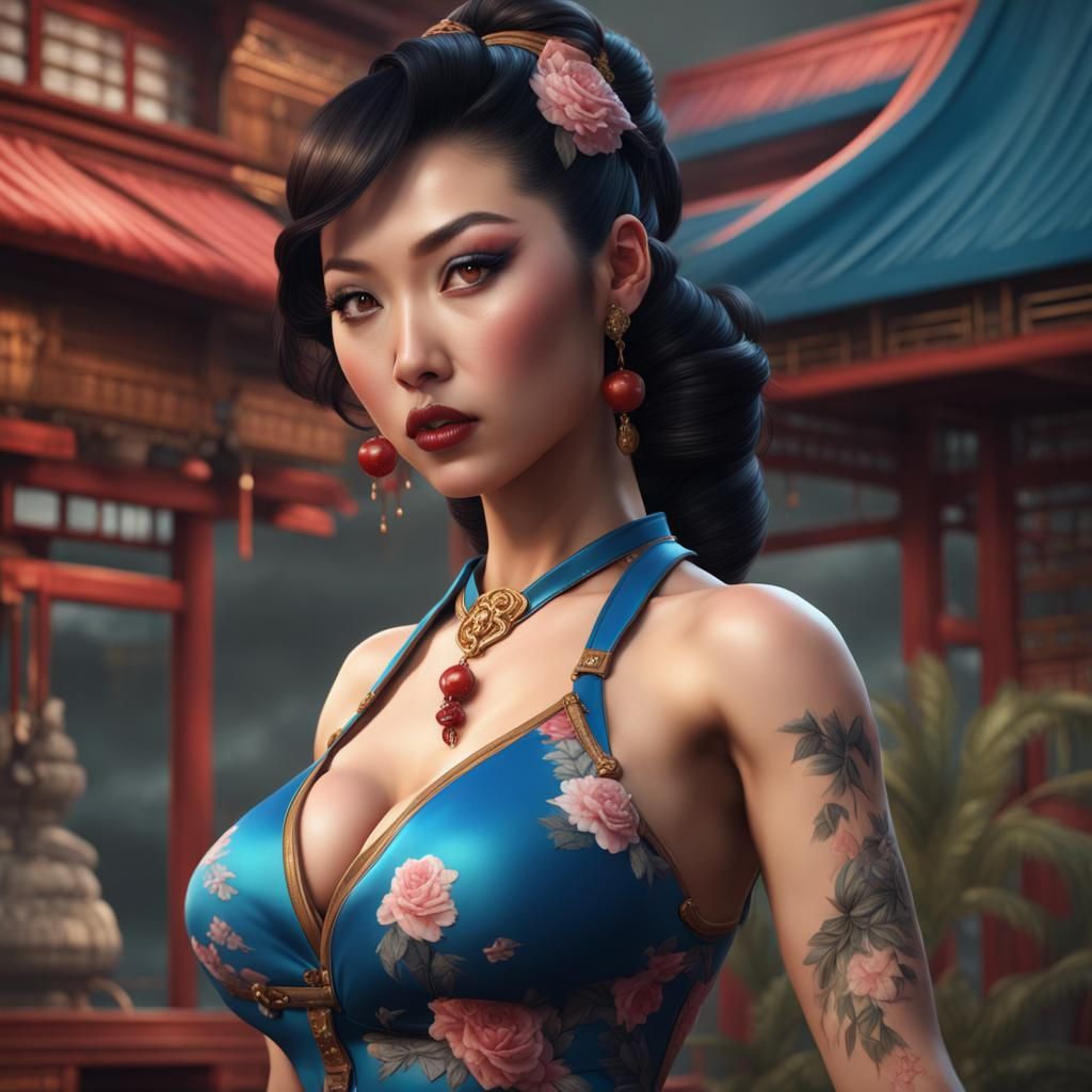 Hyperrealistic Asian Pinup Girl in Detailed Matte Painting