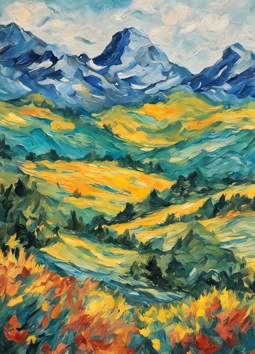 Vivid Gouache Mountain Landscape in Impressionist Style