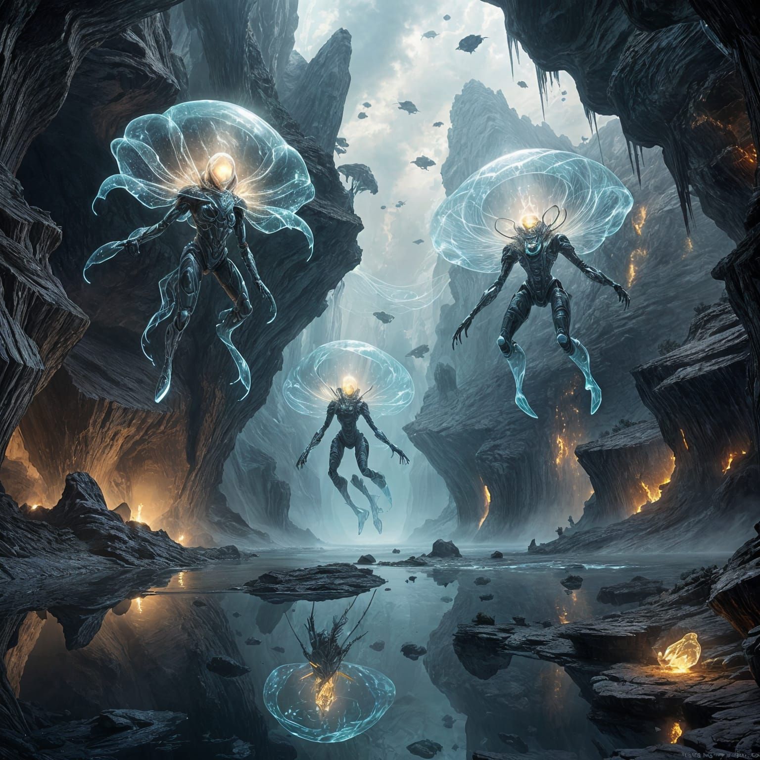 Translucent Cloud Aliens in Crystalline Canyon