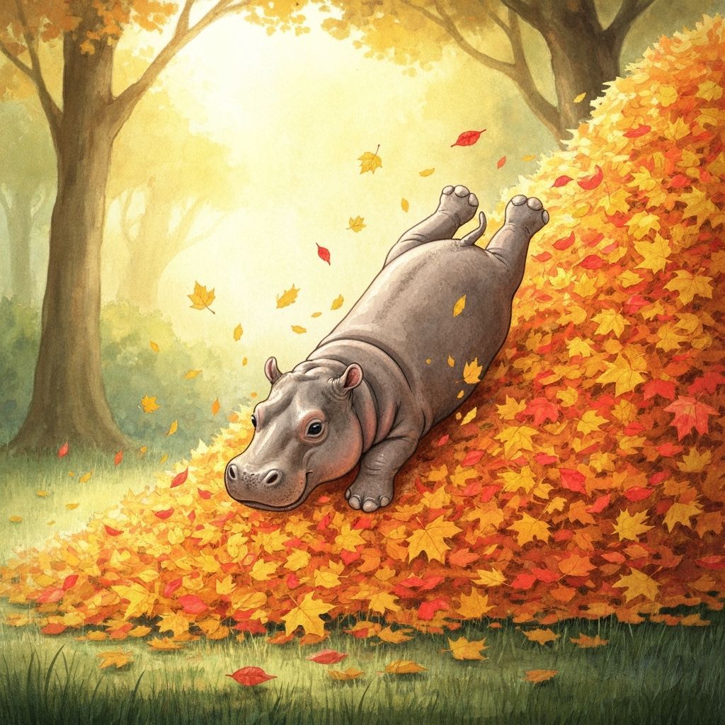 Playful Hippo Cub Dives Into Autumn Leaves in Forest Clearin...