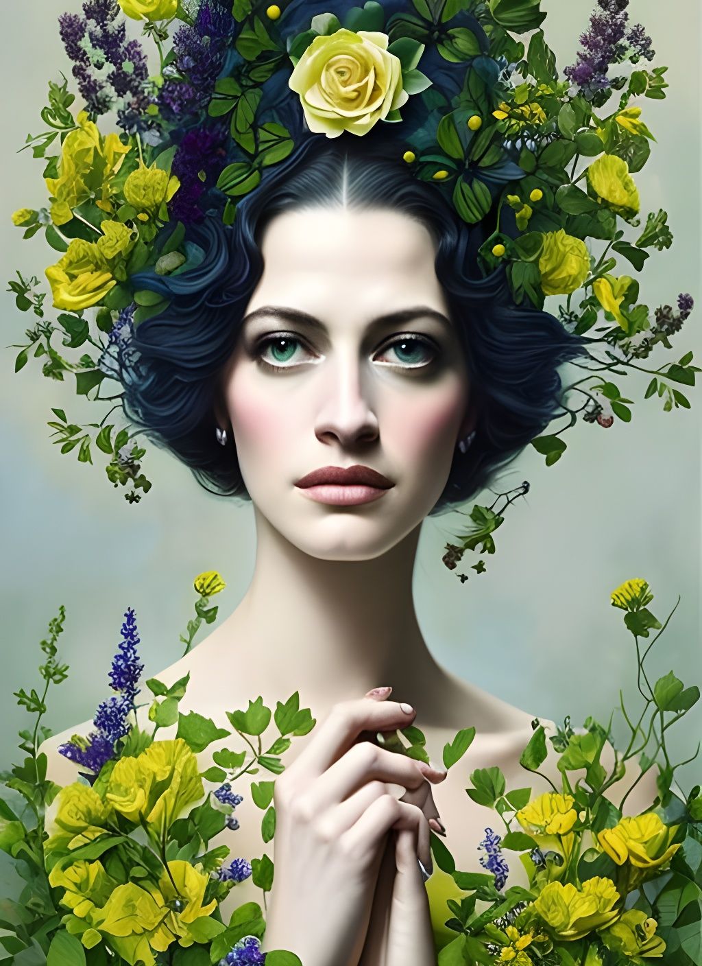 Wildflower Goddess Portrait in Art Nouveau Style
