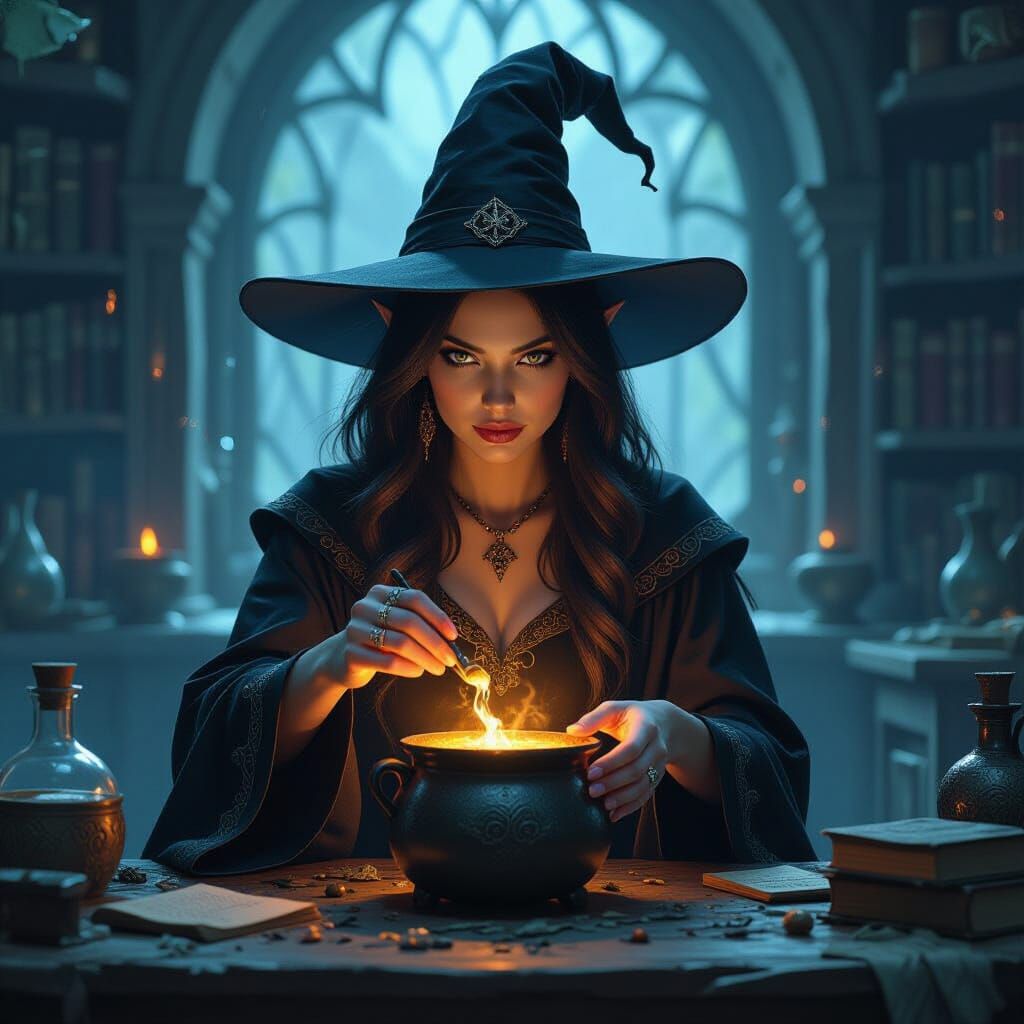Elven Witch Brewing Potion in Dark Fantasy Style