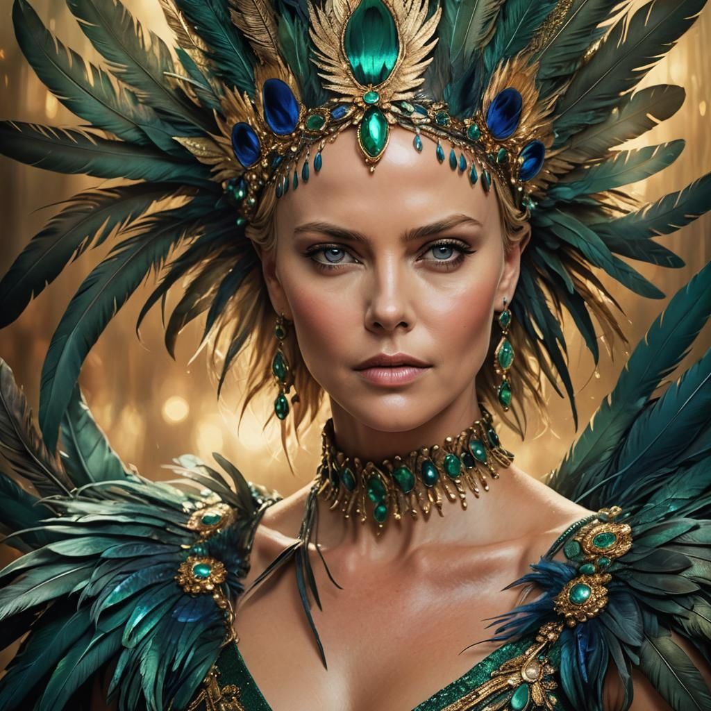 Charlize Theron Portrait with Emerald and Sapphire Feathers