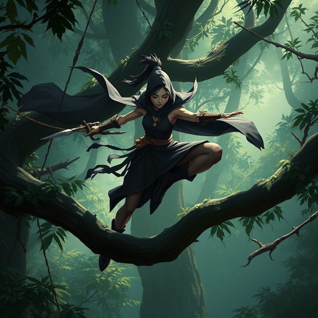 Ethereal Strig Monk Suspended in Lush Canopy, Surrounded by ...