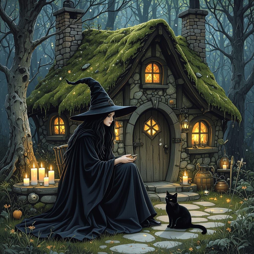 Whimsical Witch Cottage in Moonlit Woods