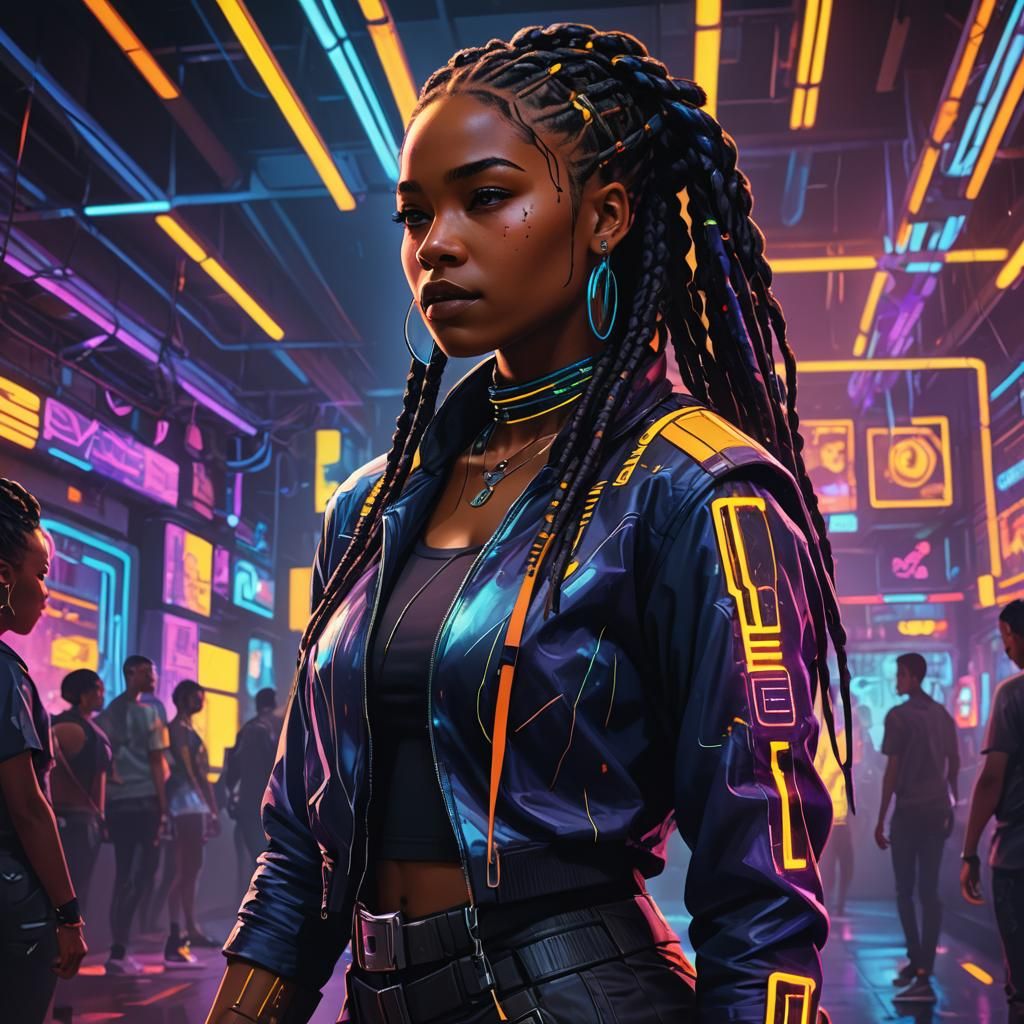 Cyberpunk Woman in Neon Dance Club Concept Art