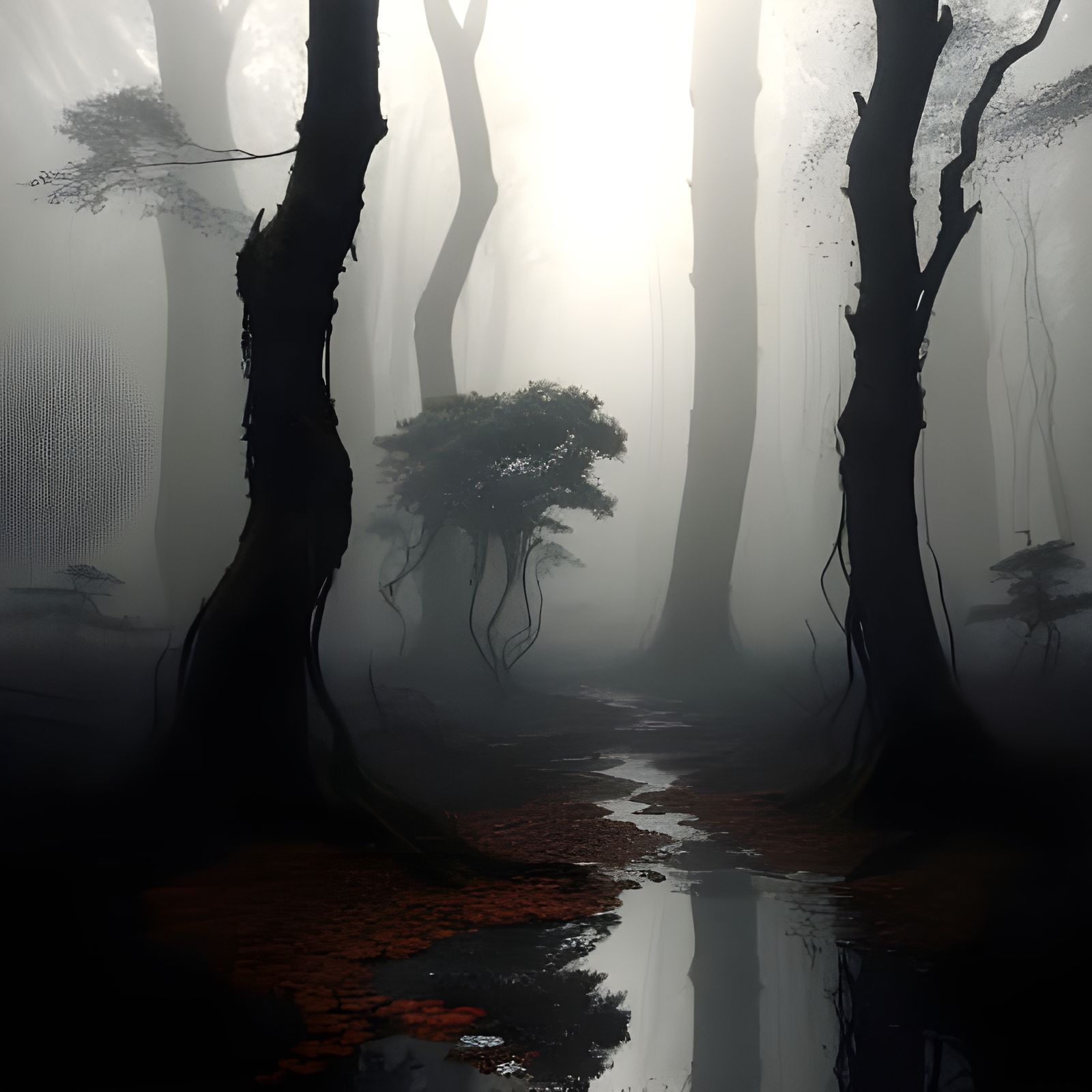 Misty Woodland Scene with a Looming Figure