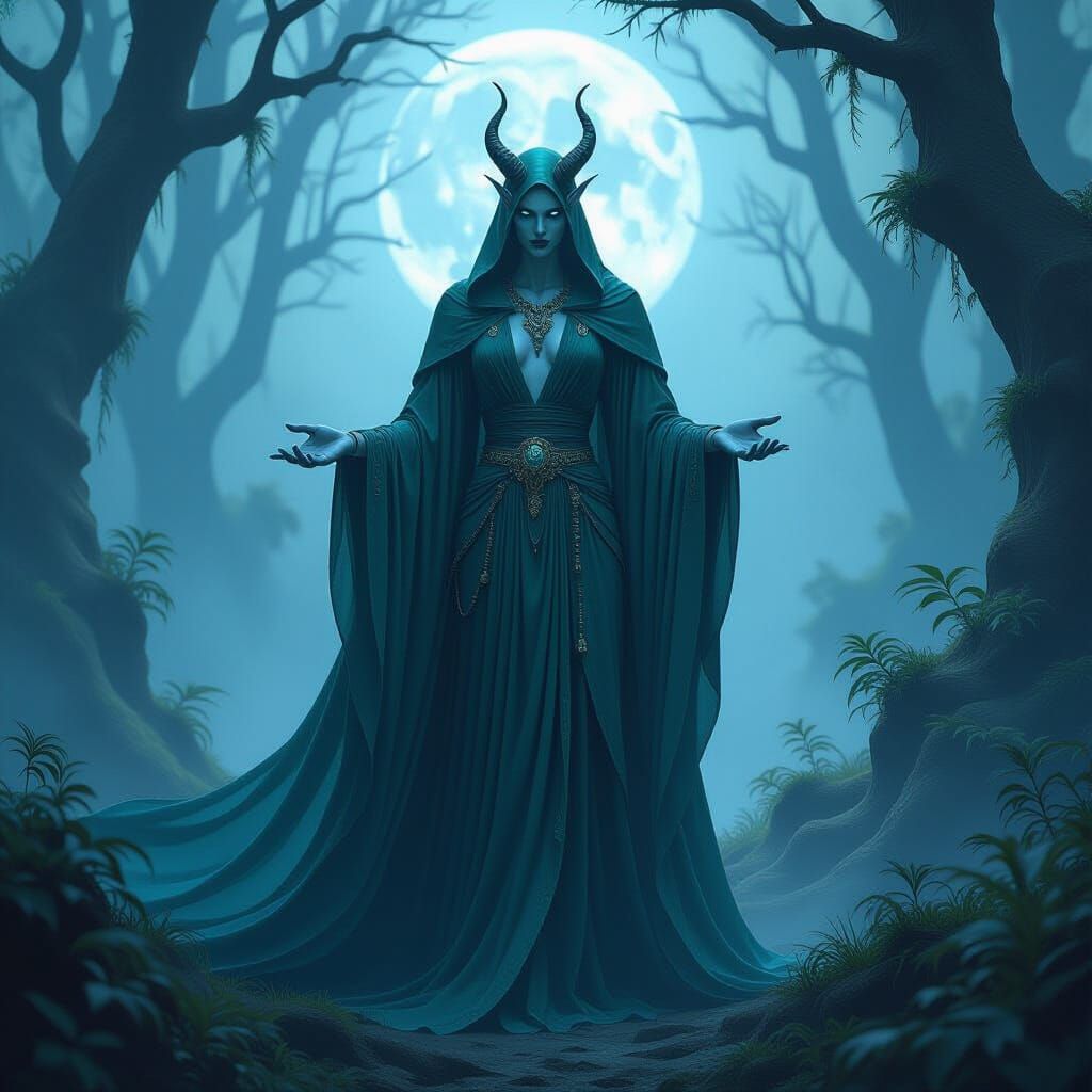 Ethereal Demigod in Jewel-Toned Robes in Moonlit Forest