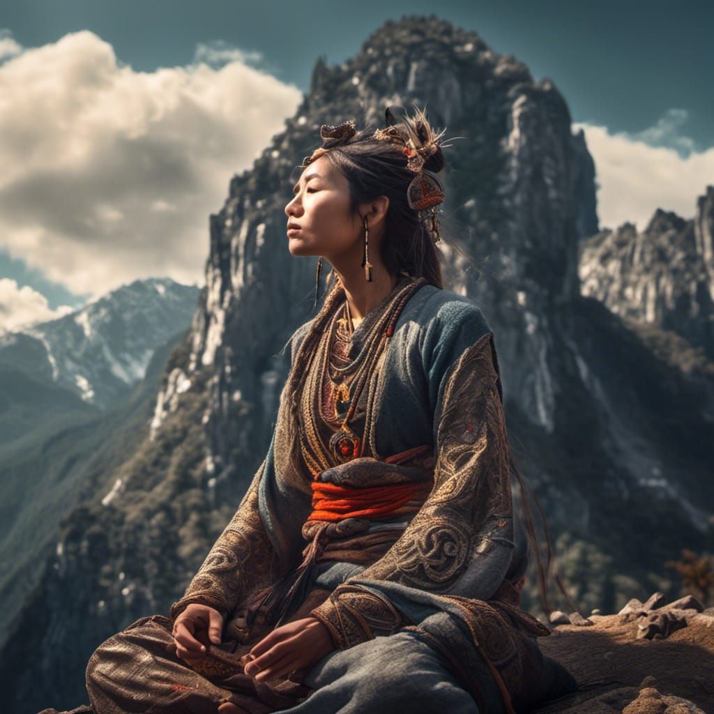 Daoist Woman Meditating in Hyperreal Mountain Scene