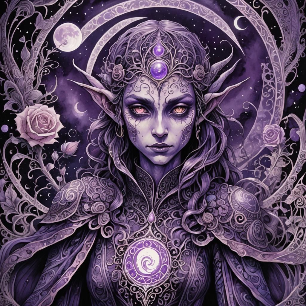 Glowing Purple Rose Elf in Eldritch Ink Wash Painting