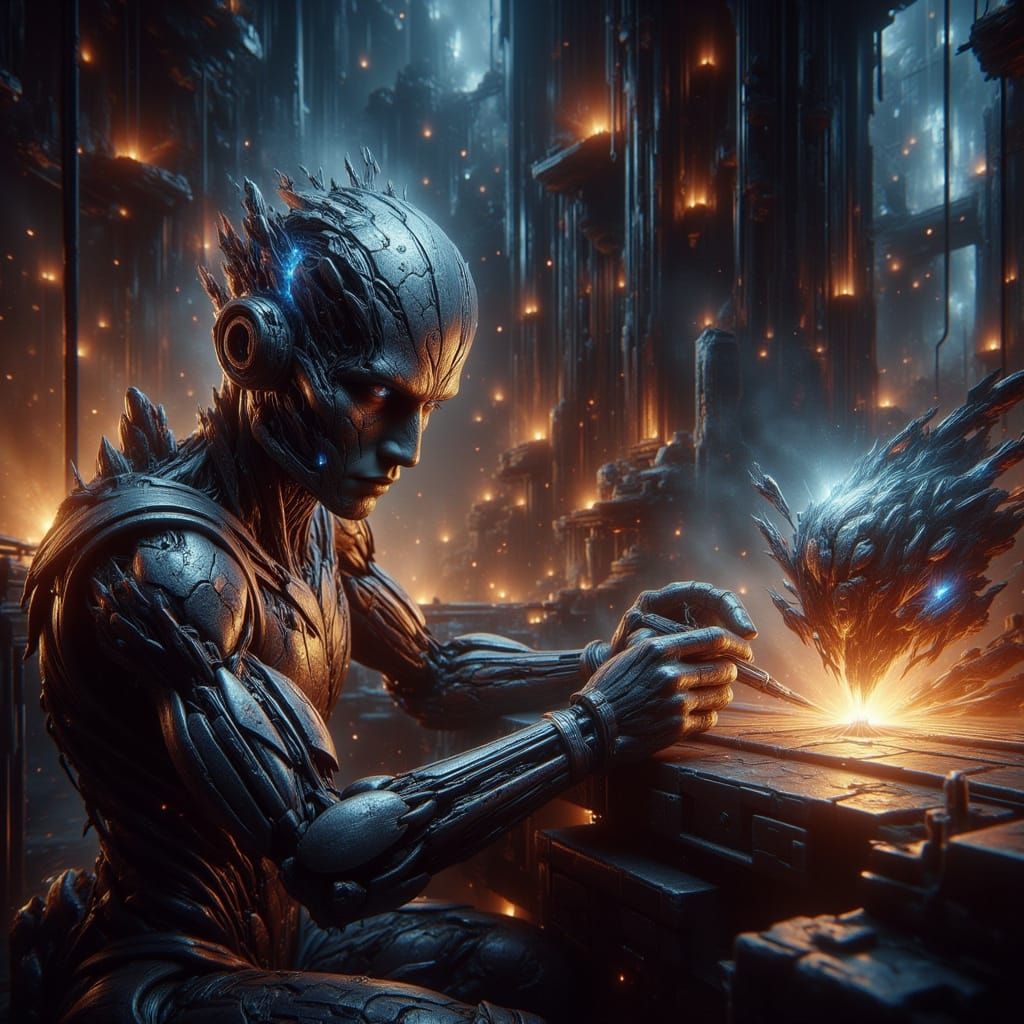 Steampunk Robot Repairs Spaceship Amidst Nebula Glow