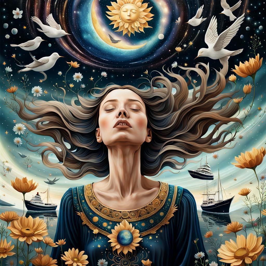 Woman Holding Cosmos in Surreal Universe