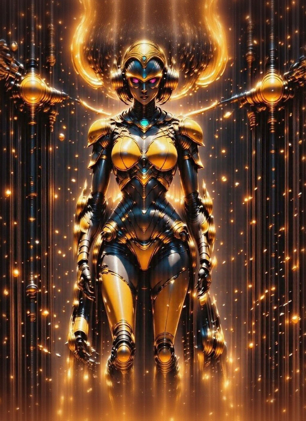 Golden Robot Woman in Vintage-Futuristic Art Deco Style