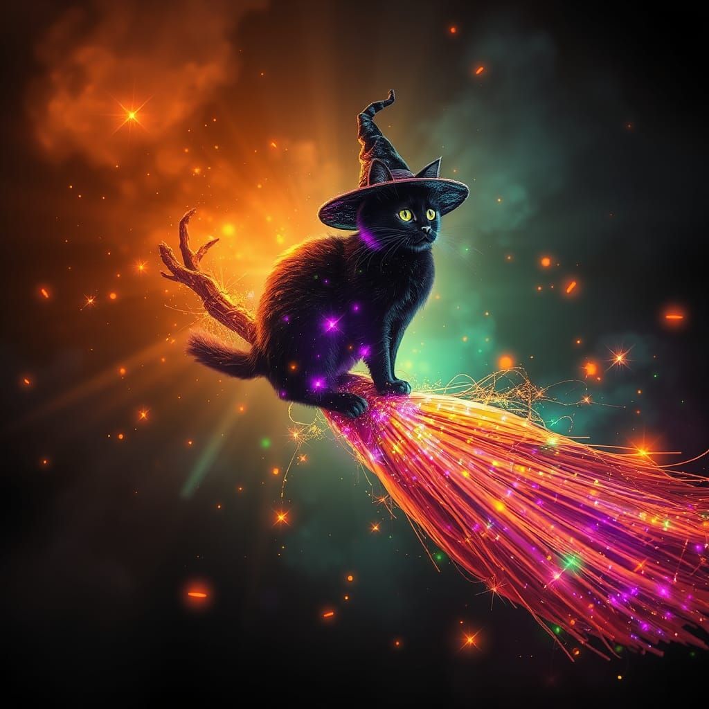 Enchanted Cat Rides Sparkling Witch's Broom