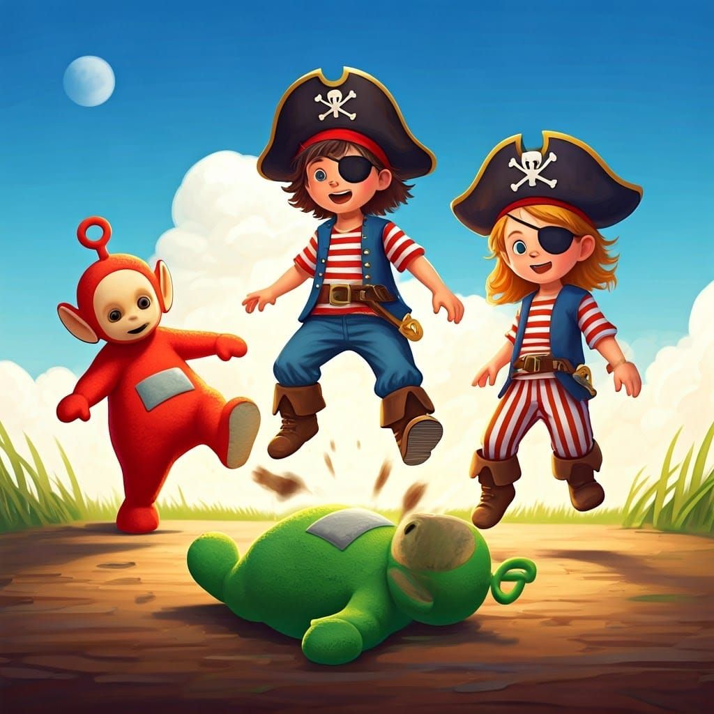 Pirate Children Stomping Teletubby in Cartoon Style