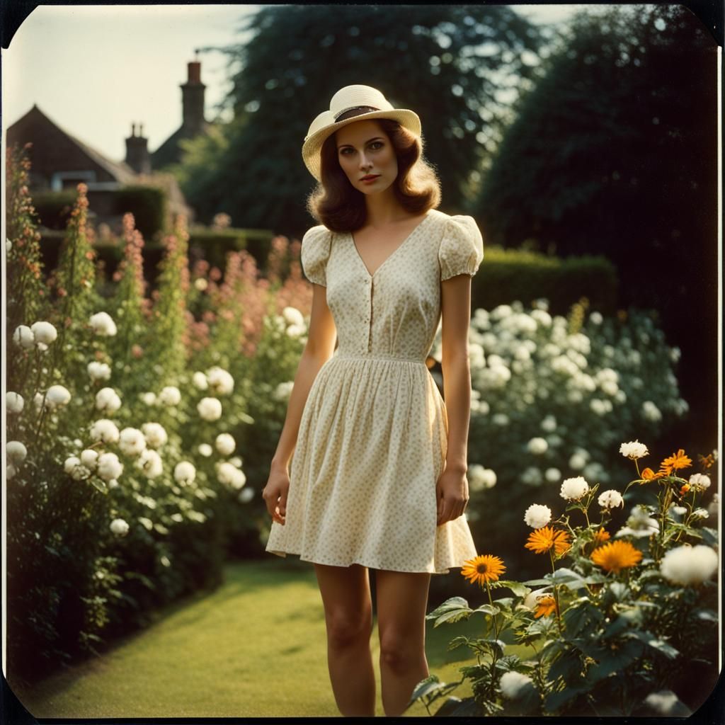 Pretty Woman in English Garden: 1980s Polaroid