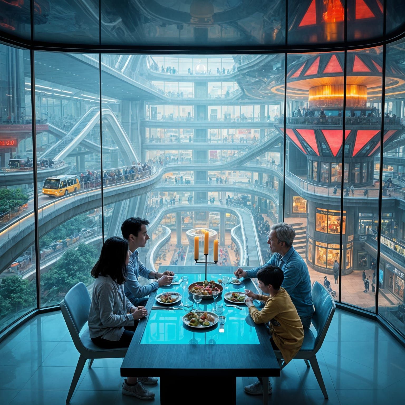 Future Family Dines in High-Tech Arcology Household
